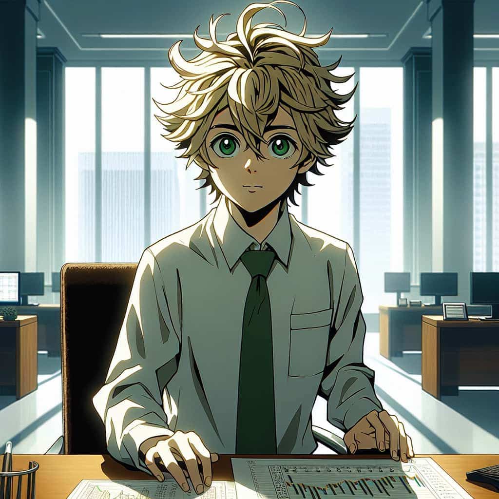 imagine in anime seraph of the end like look showing an anime boy with messy blond hair and green eyes working in anlageberatung