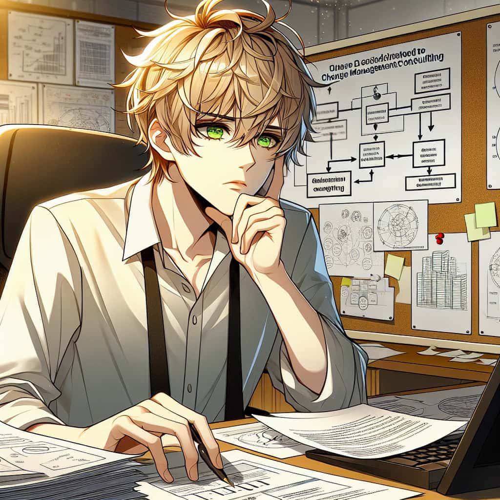 imagine in anime seraph of the end like look showing an anime boy with messy blond hair and green eyes working in change management beratung