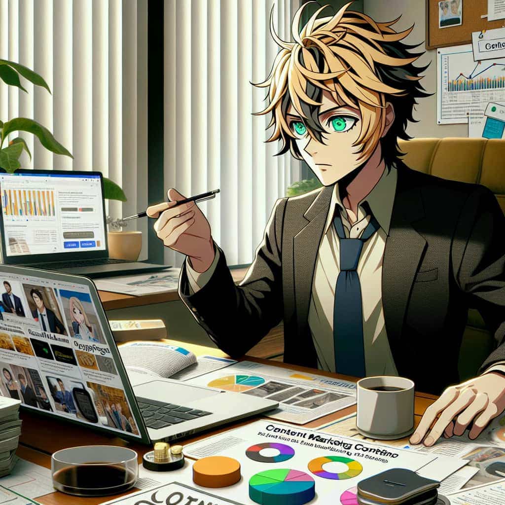 imagine in anime seraph of the end like look showing an anime boy with messy blond hair and green eyes working in content marketing